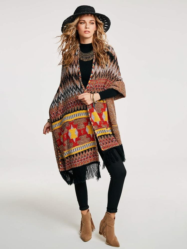 Geometrisk Tassel Patchwork Cape