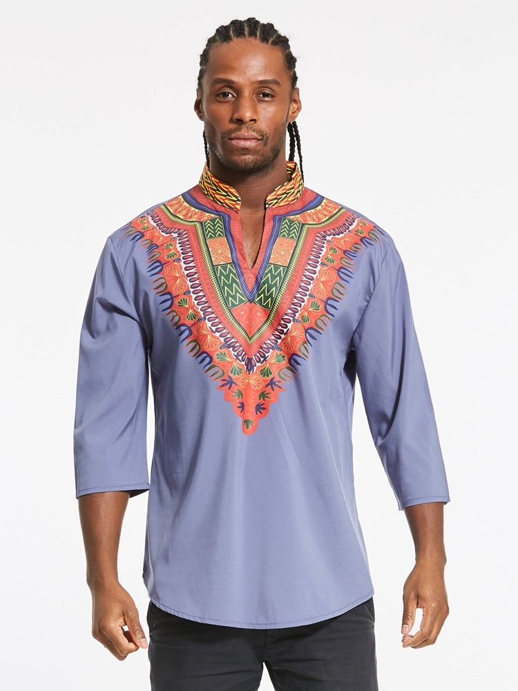 Afrikansk Mote Dashiki Print Color Block V-Hals Slank T-Skjorte For Menn