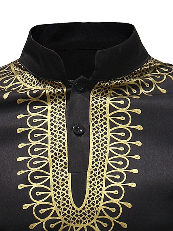 Afrikansk Mote Gylden Svart Dashiki Print Stand Collar Herreskjorter