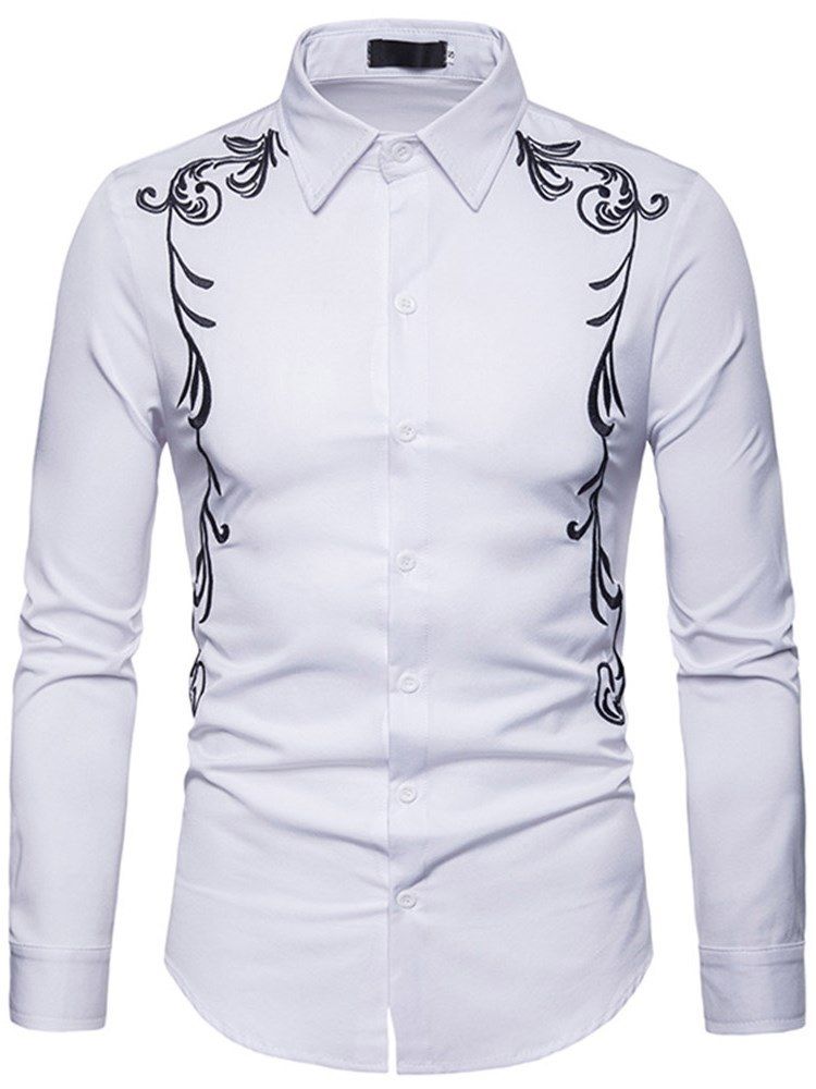 Broderitrykt Slim Button Up Menns Fritidsskjorter