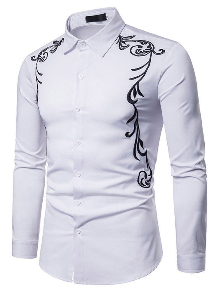 Broderitrykt Slim Button Up Menns Fritidsskjorter