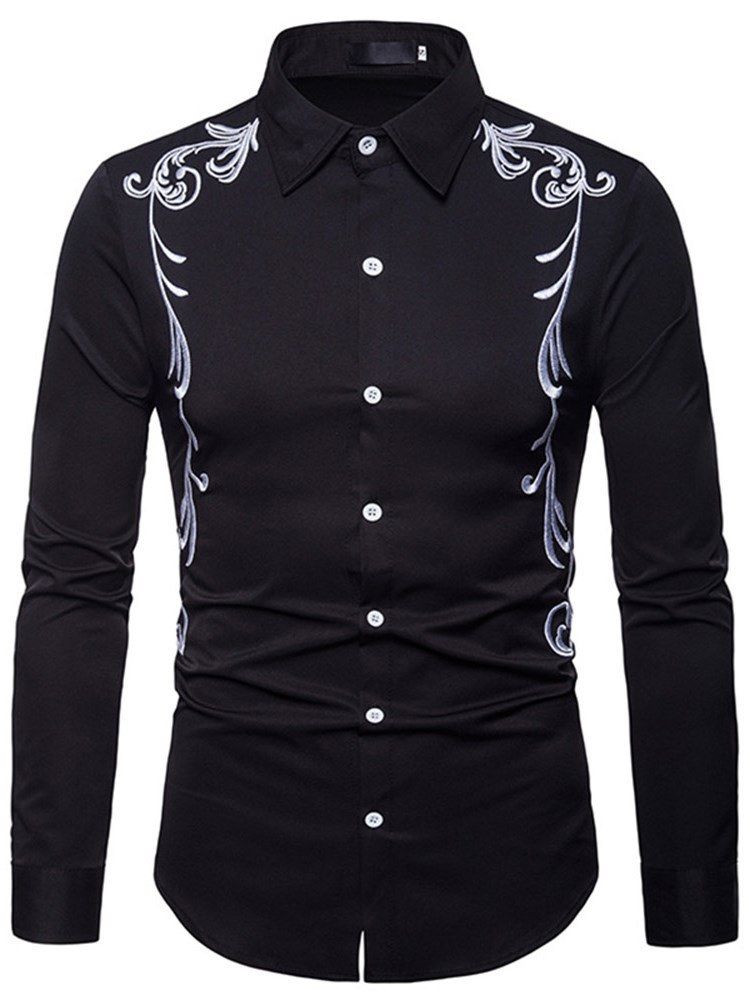 Broderitrykt Slim Button Up Menns Fritidsskjorter