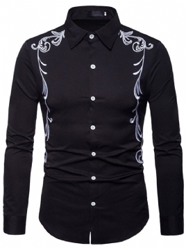 Broderitrykt Slim Button Up Menns Fritidsskjorter