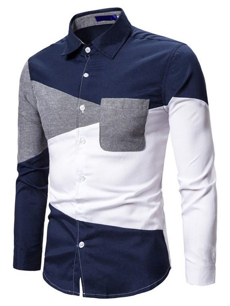 Casual Color Block Lapel Slim Spring Shirt