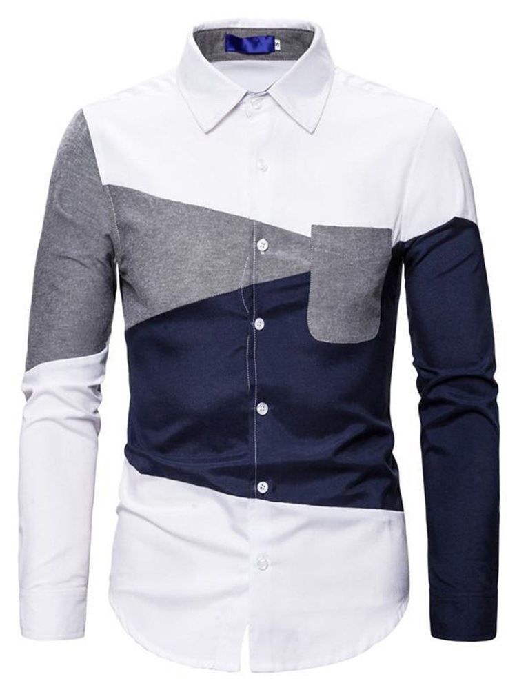 Casual Color Block Lapel Slim Spring Shirt