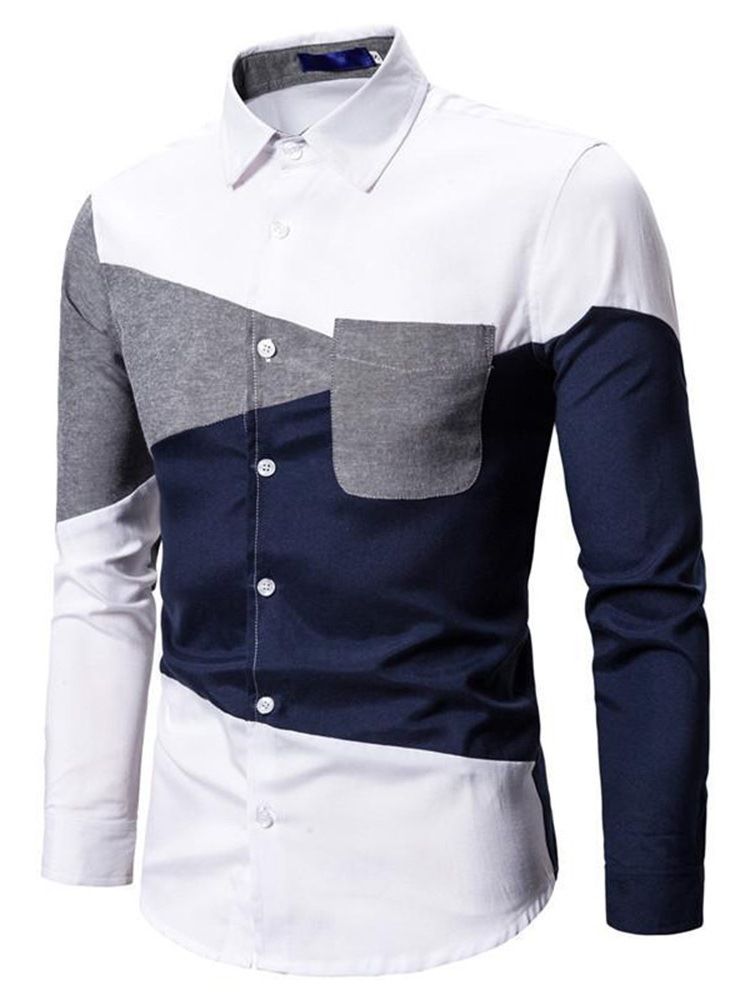 Casual Color Block Lapel Slim Spring Shirt