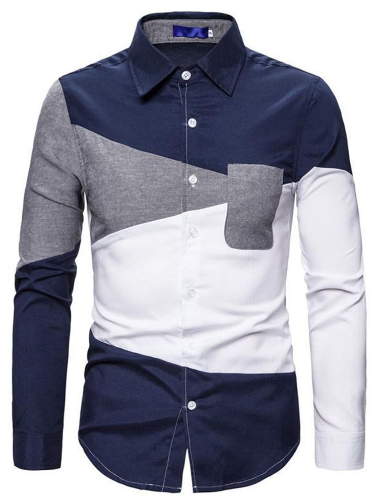 Casual Color Block Lapel Slim Spring Shirt