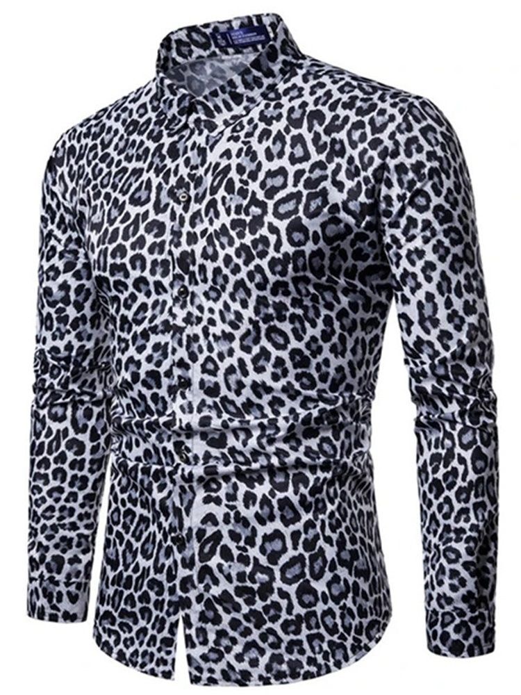 Casual Lapel Leopard Slim Skjorte For Menn