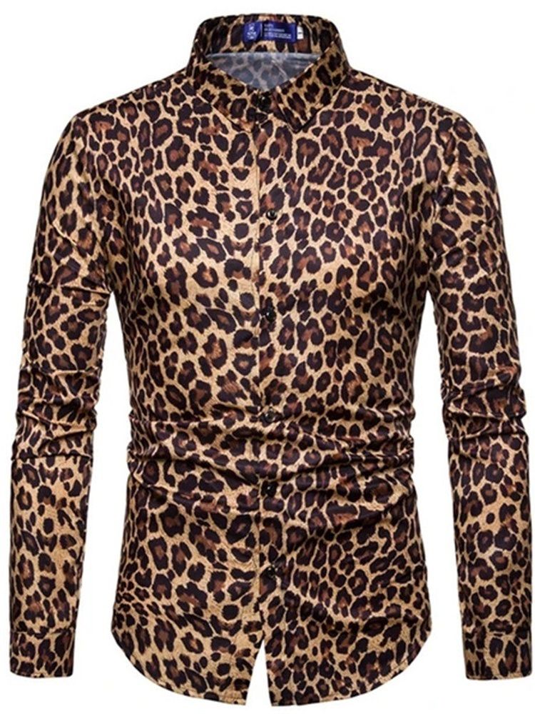 Casual Lapel Leopard Slim Skjorte For Menn