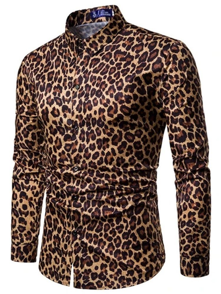 Casual Lapel Leopard Slim Skjorte For Menn