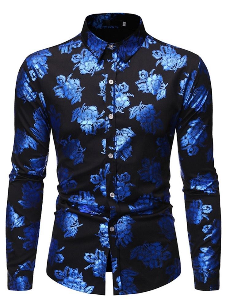 Color Block Print Button Lapel Slim Shirt For Menn