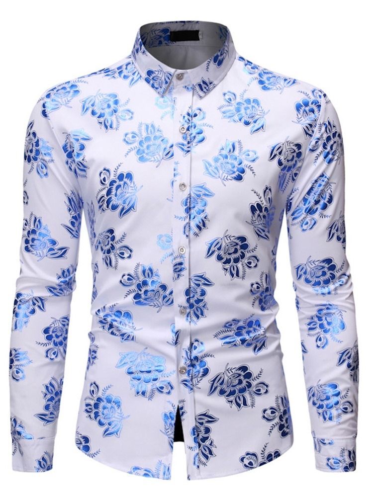 Color Block Print Button Lapel Slim Shirt For Menn