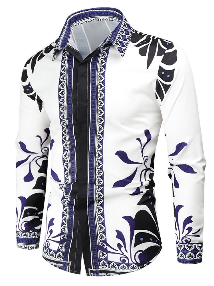 European Lapel Print Spring Slim Shirt