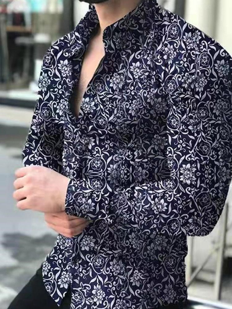 Floral Casual Lapel Single-Breasted Slim Skjorte For Menn