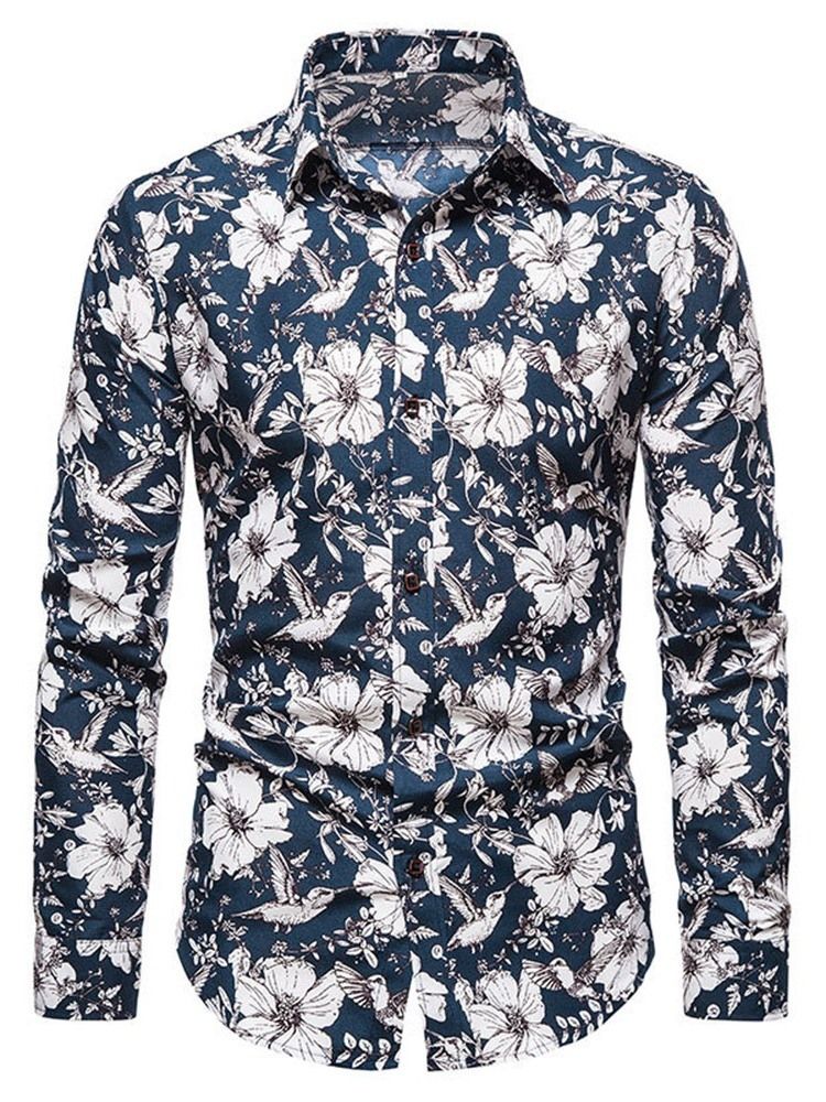 Floral Lapel Print Single-Breasted Slim Shirt