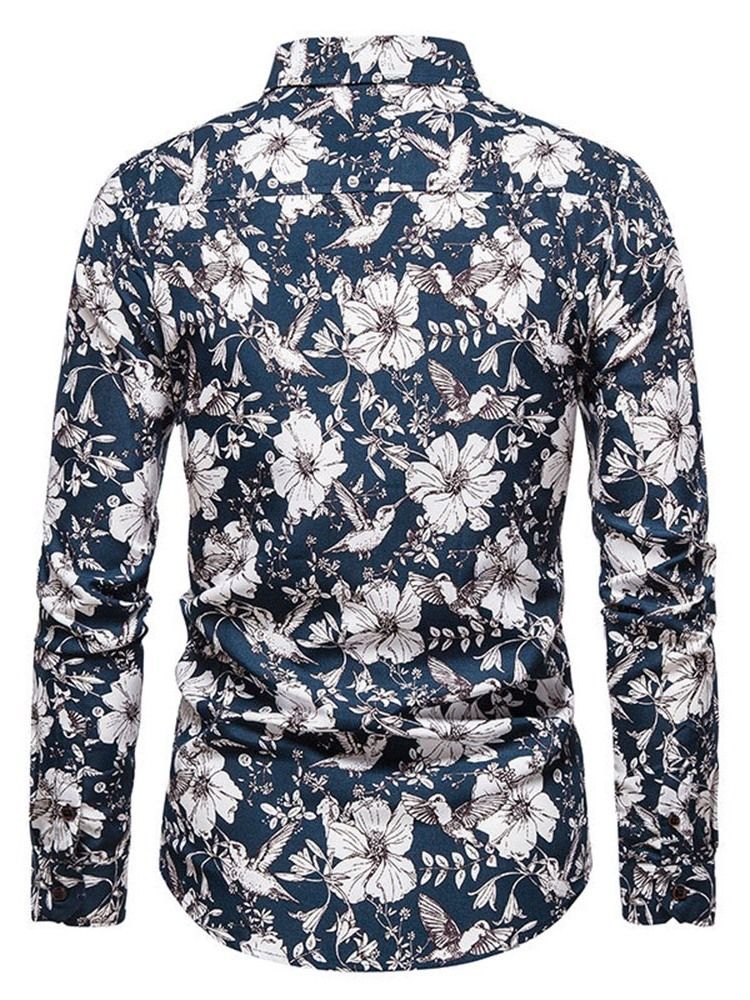 Floral Lapel Print Single-Breasted Slim Shirt