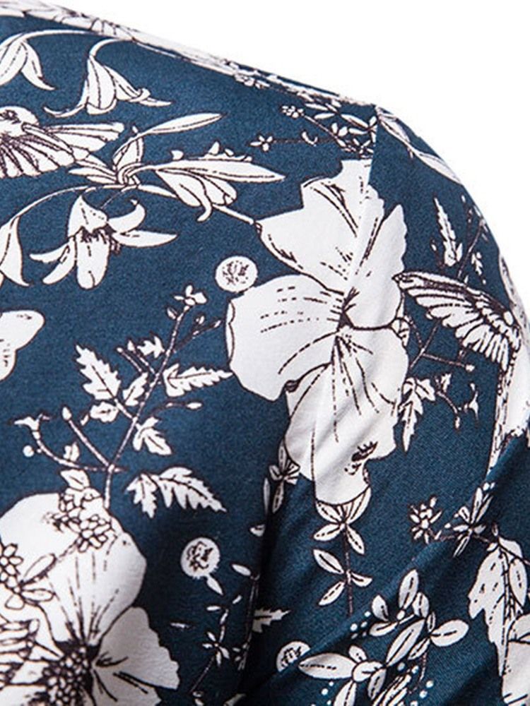 Floral Lapel Print Single-Breasted Slim Shirt