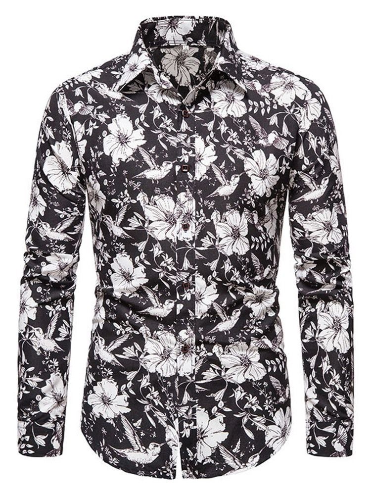 Floral Lapel Print Single-Breasted Slim Shirt