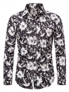 Floral Lapel Print Single-Breasted Slim Shirt