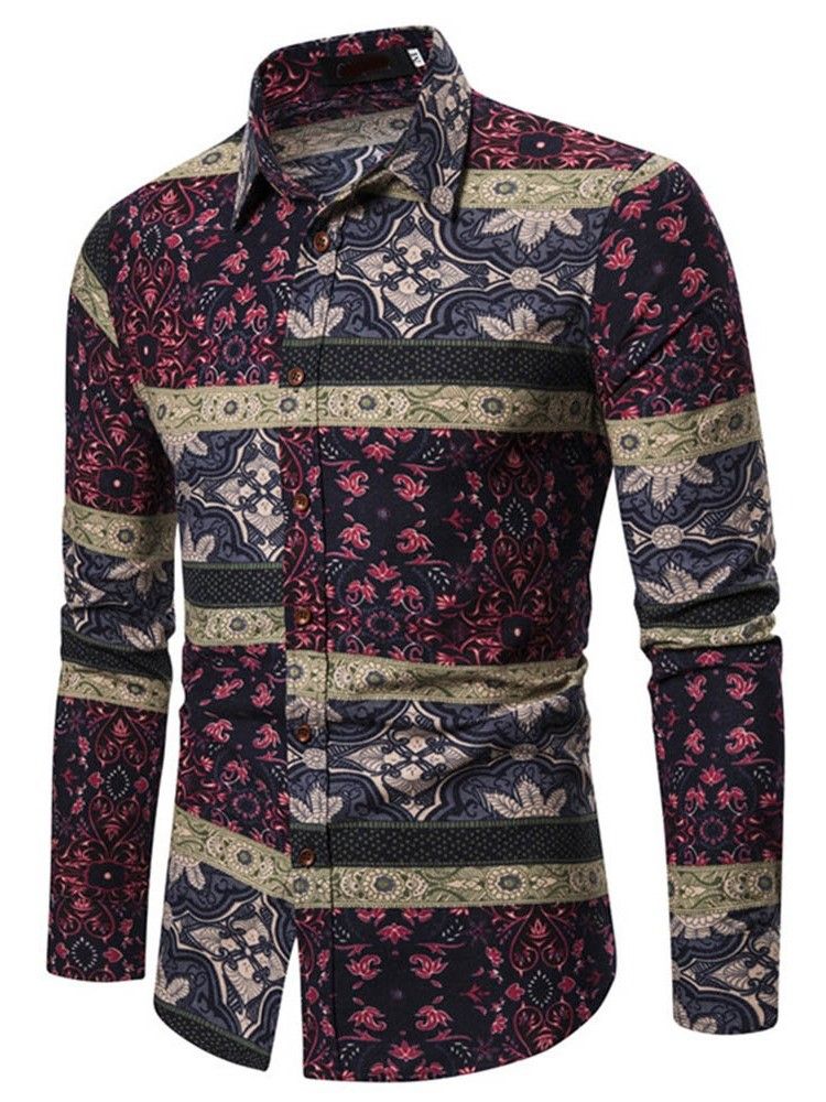 Floral Print Lapel Single-Breasted Slim Skjorte For Menn