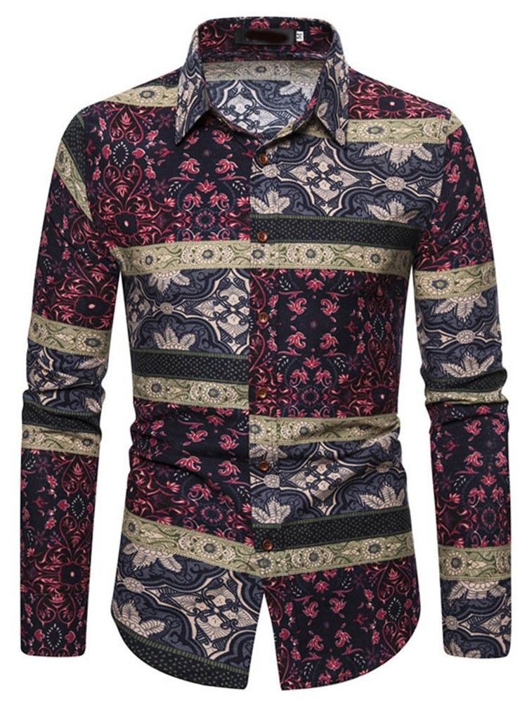 Floral Print Lapel Single-Breasted Slim Skjorte For Menn