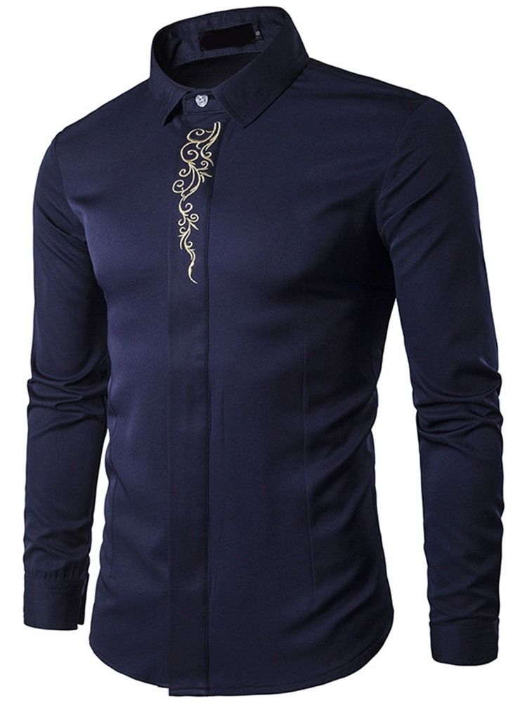 Lapel Floral Brodery Slim Spring Shirt For Menn