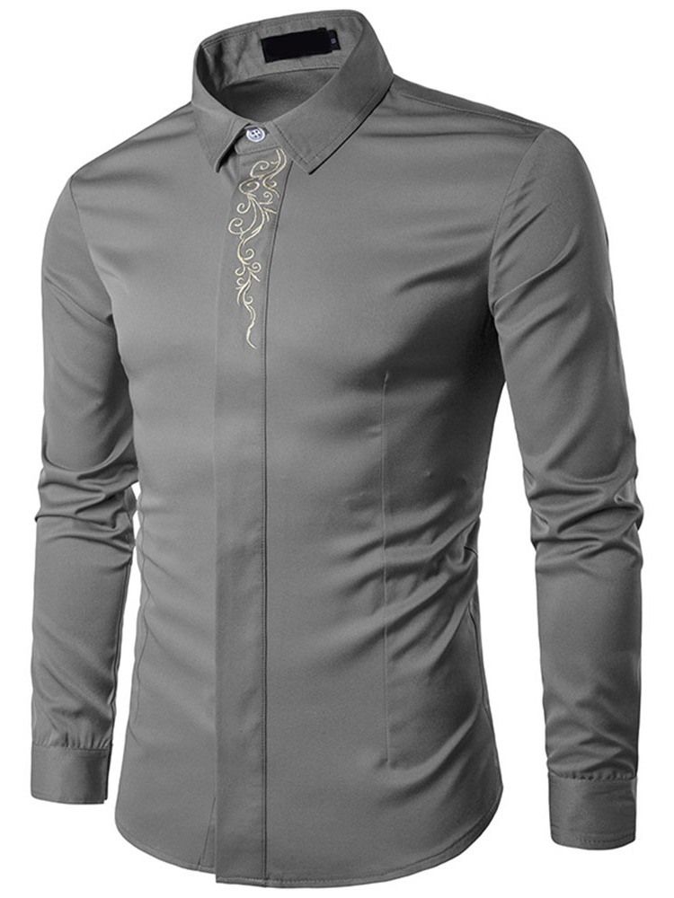 Lapel Floral Brodery Slim Spring Shirt For Menn