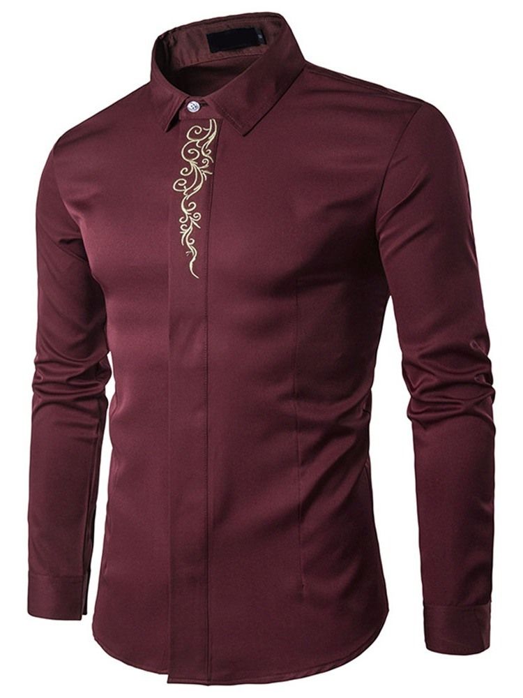 Lapel Floral Brodery Slim Spring Shirt For Menn