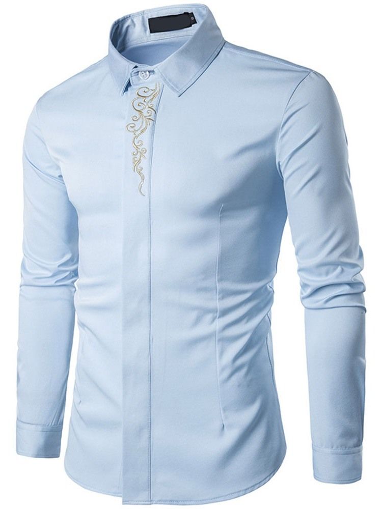 Lapel Floral Brodery Slim Spring Shirt For Menn