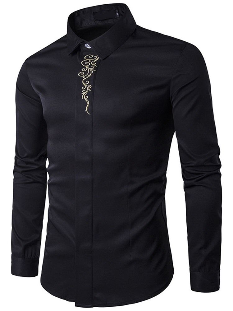 Lapel Floral Brodery Slim Spring Shirt For Menn