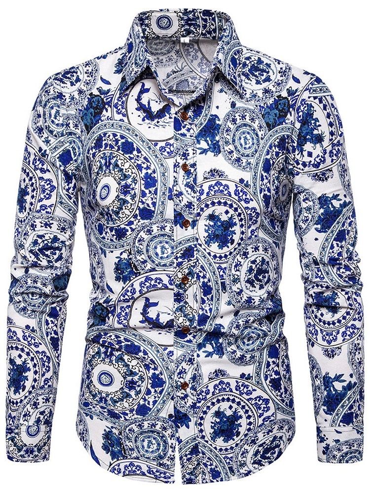 Lapel Print Floral Menns Slim Enkelt-Breasted Skjorte