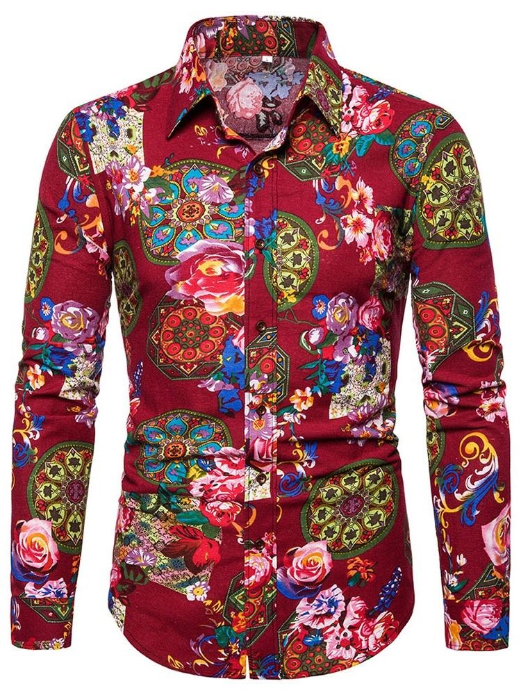 Lapel Print Floral Menns Slim Enkelt-Breasted Skjorte