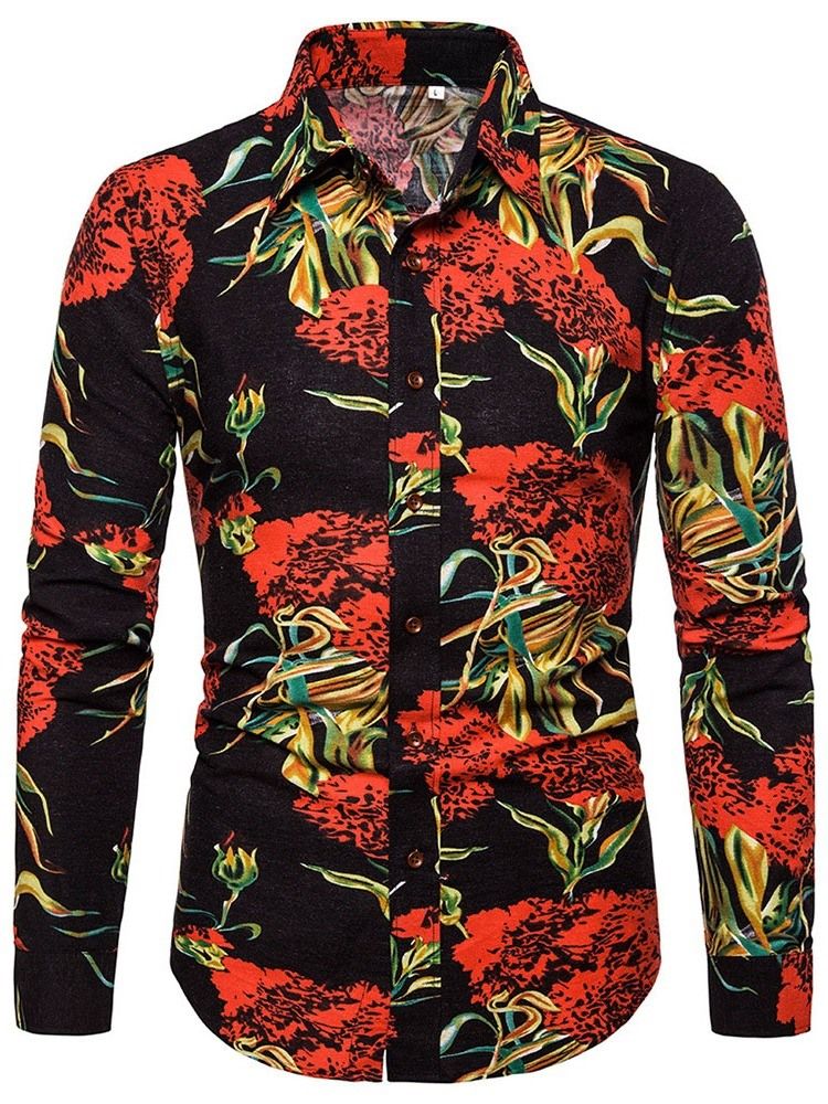 Lapel Print Floral Menns Slim Enkelt-Breasted Skjorte