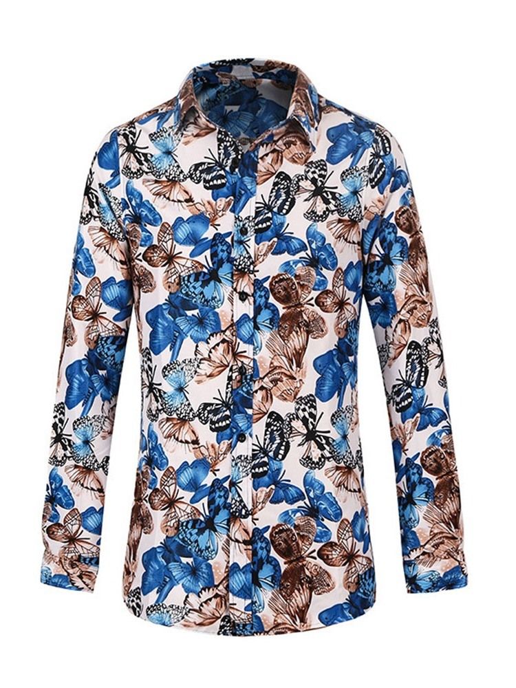 Lapel Print Floral Single-Breasted Slim Skjorte For Menn