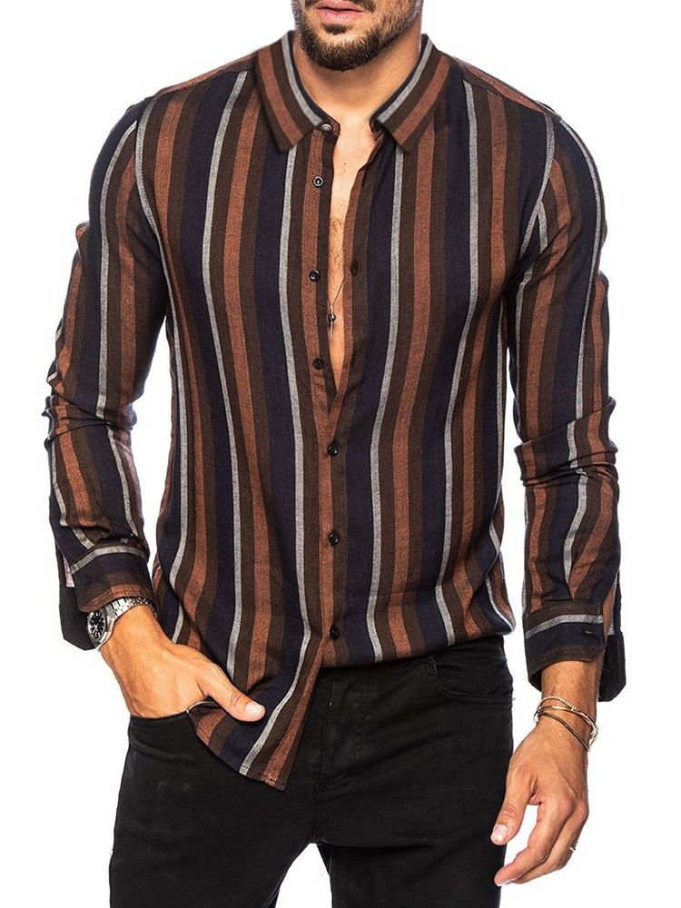 Lapel Stripe Print Single-Breasted Casual Slim Skjorte