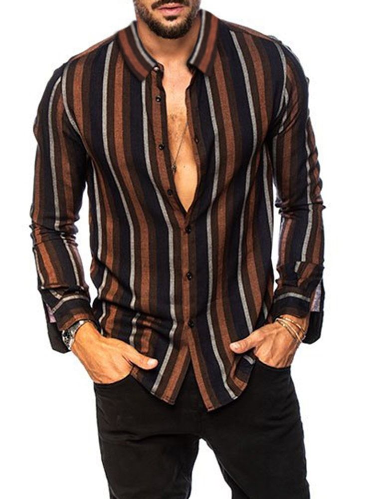 Lapel Stripe Print Single-Breasted Casual Slim Skjorte