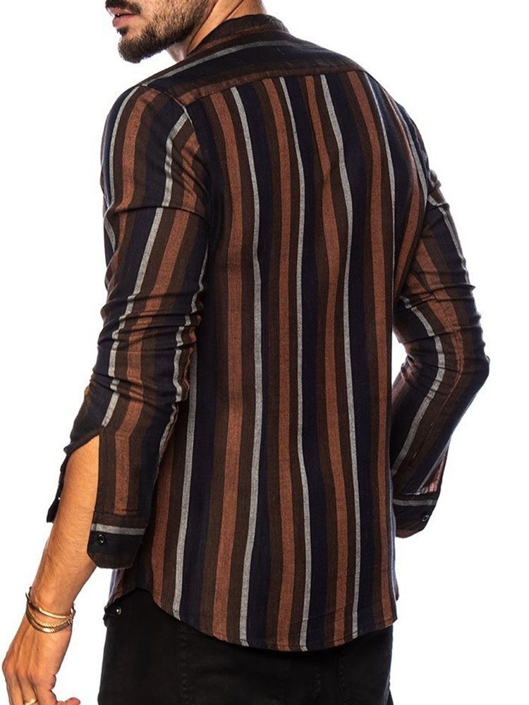 Lapel Stripe Print Single-Breasted Casual Slim Skjorte