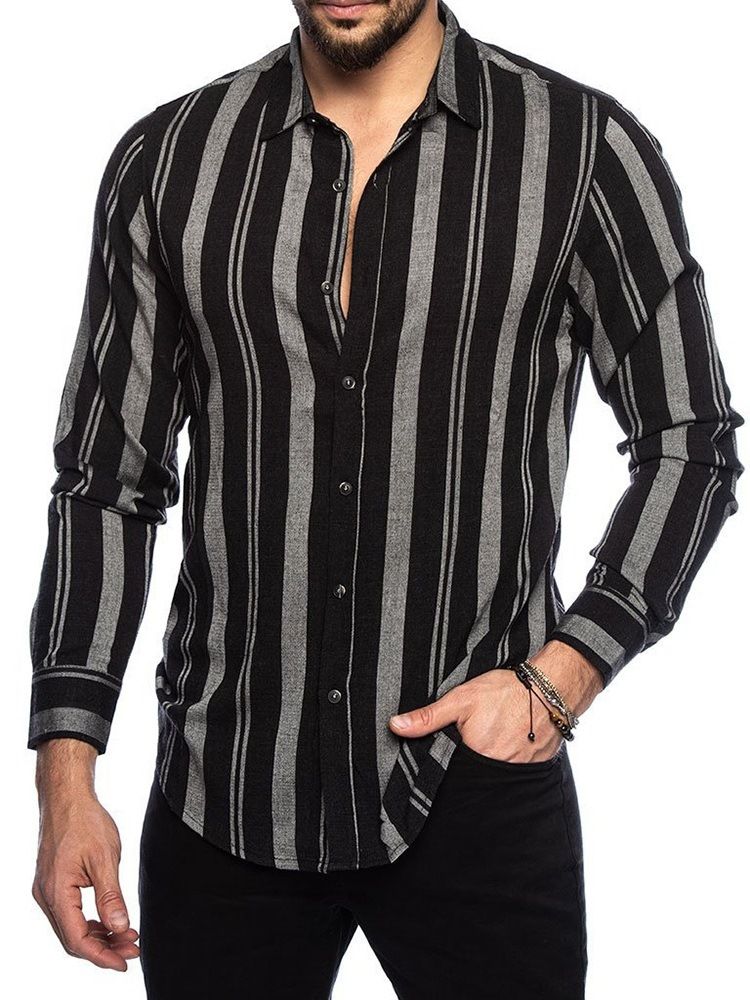 Lapel Stripe Print Single-Breasted Casual Slim Skjorte