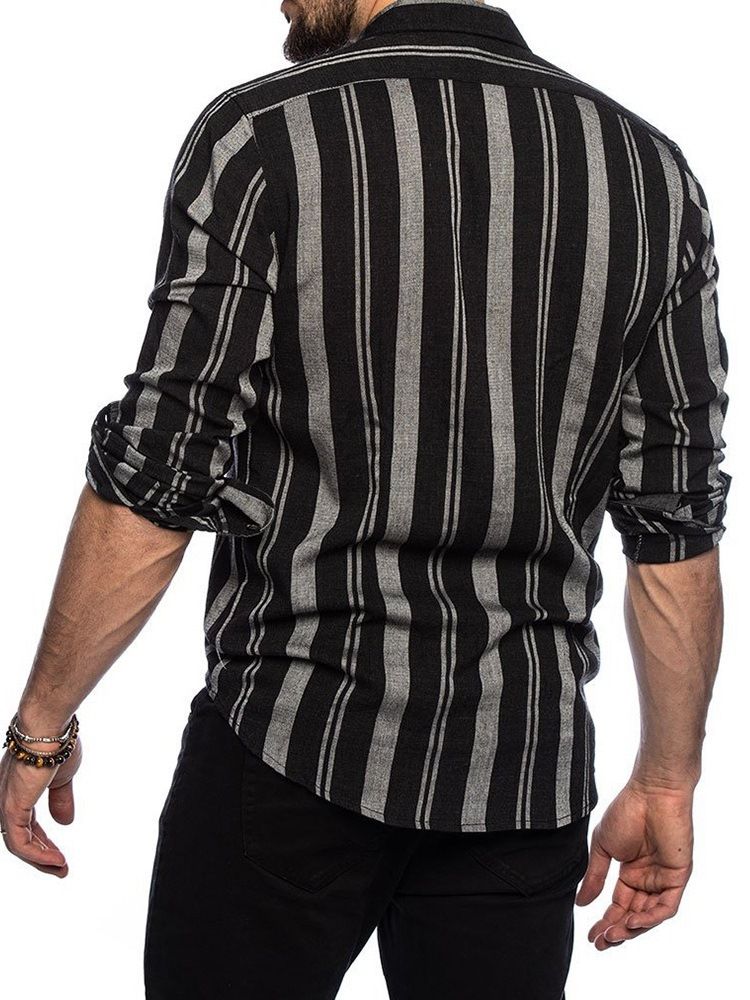 Lapel Stripe Print Single-Breasted Casual Slim Skjorte