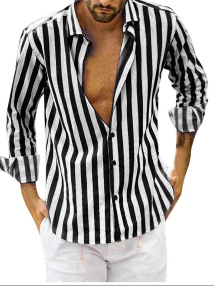 Stripe Button Lapel Single-Breasted Slim Shirt For Menn