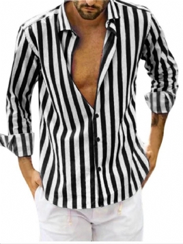 Stripe Button Lapel Single-Breasted Slim Shirt For Menn