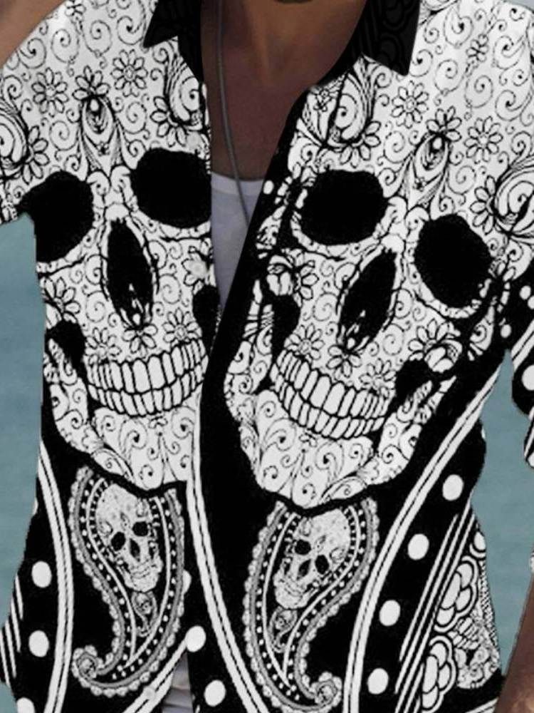 Tiktok Lapel Print Skull Slim Sommerskjorte