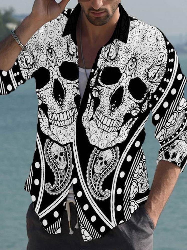 Tiktok Lapel Print Skull Slim Sommerskjorte