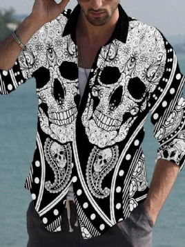 Tiktok Lapel Print Skull Slim Sommerskjorte