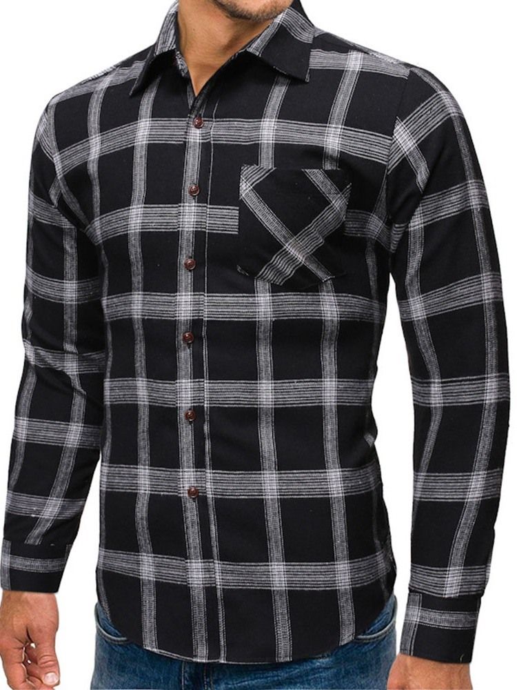 Uformell Pocket Plaid Single-Breasted Spring Herreskjorte