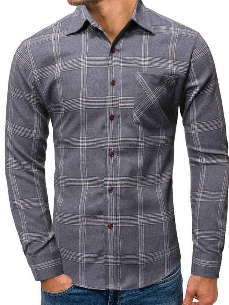 Uformell Pocket Plaid Single-Breasted Spring Herreskjorte