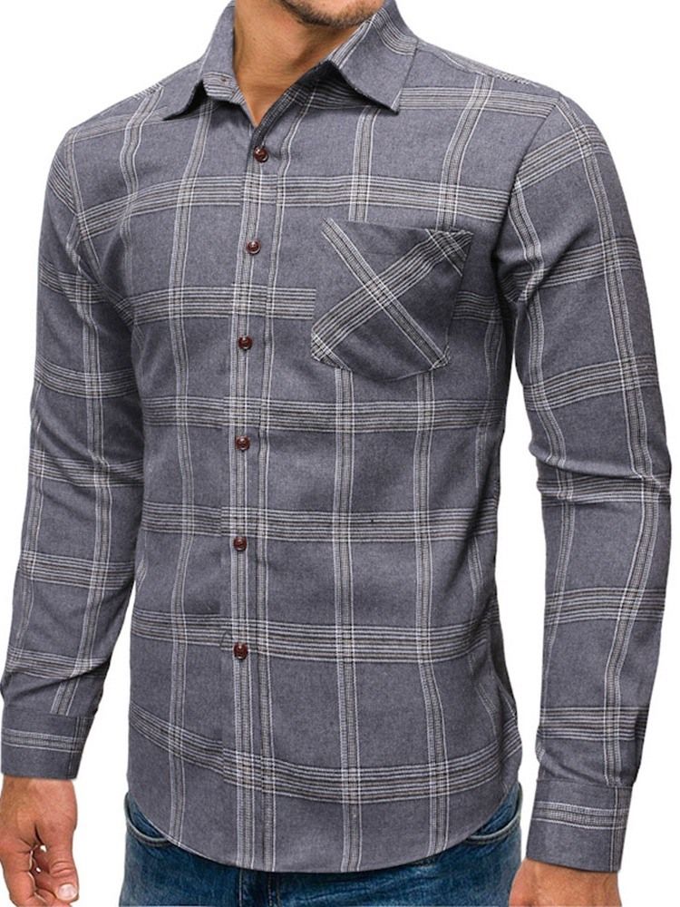 Uformell Pocket Plaid Single-Breasted Spring Herreskjorte