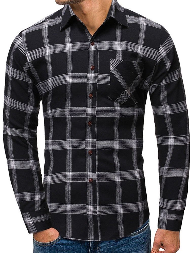 Uformell Pocket Plaid Single-Breasted Spring Herreskjorte