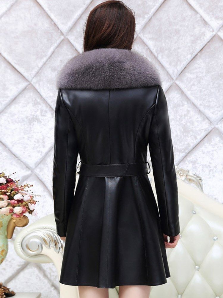 Lapel Tykk Color Block Langermet Faux Fur Coat