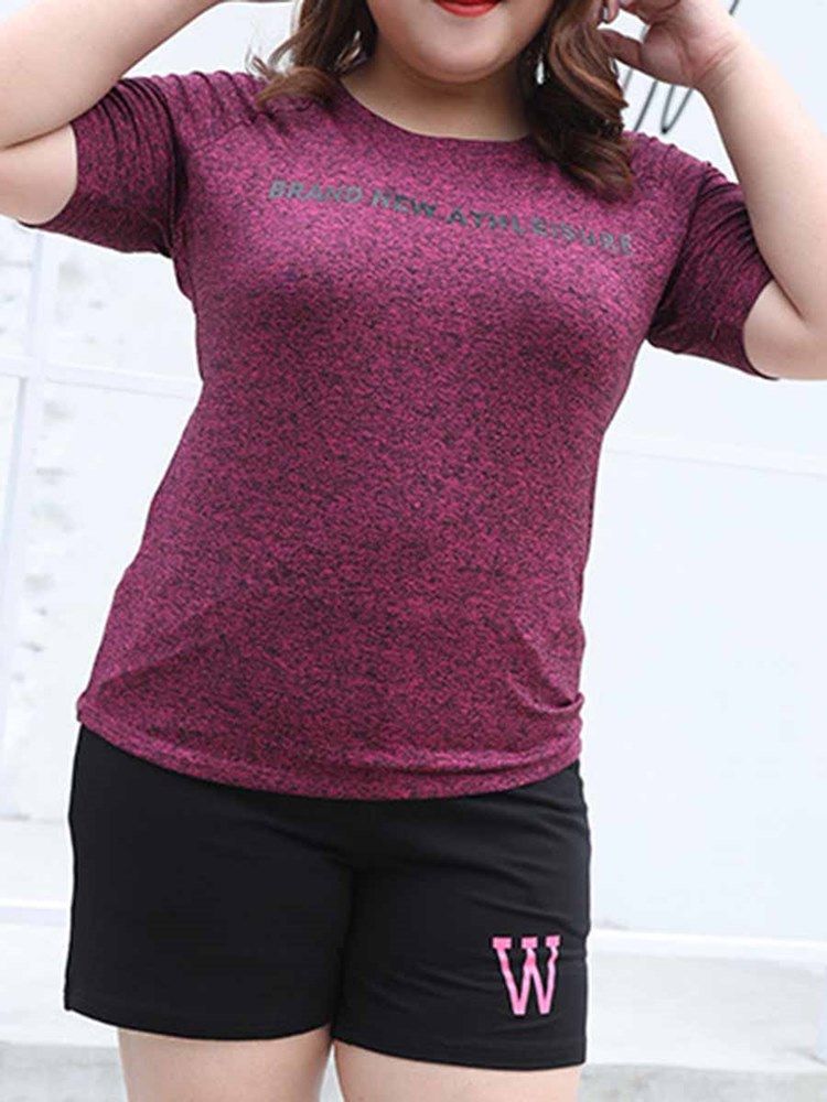 Dame Plus Size Print Letter Kortermede Sportsoverdeler